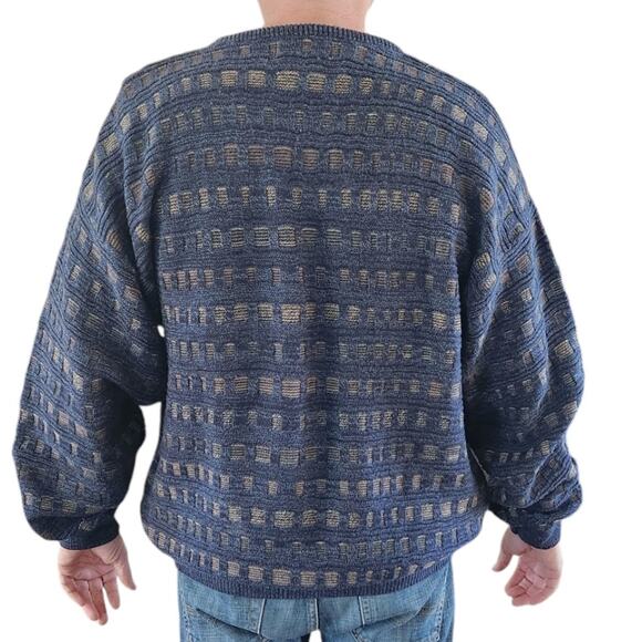 Vintage 90s Gianfranco Ruffini Blue Geometric Retro Long Sleeve Sweater Men XL - Picture 2 of 5
